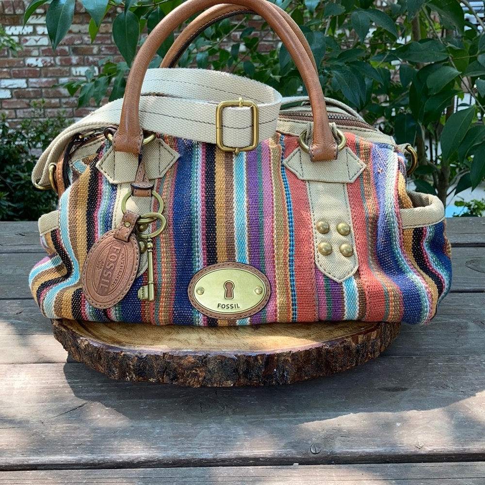 Vintage Fossil Canvas/ Leather Boho/Beach Bag